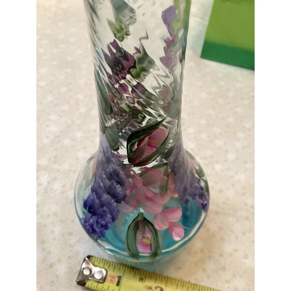 Blue Hand Painted Bud Vase Beautiful Pink & Purple Flowers Mother's Day Gift